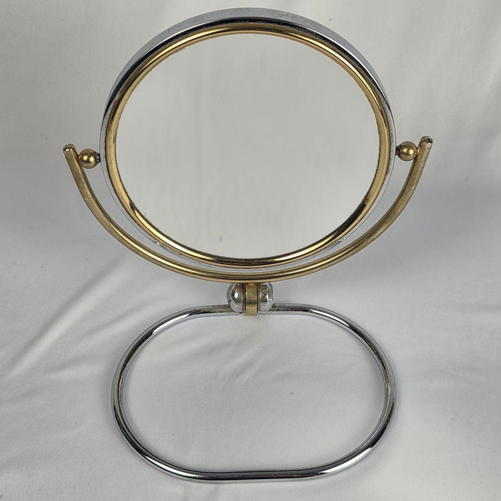 Vintage 5" Double Sided Folding Magnifying Travel Vanity Mirror MCM Chrome Brass - Picture 1 of 13
